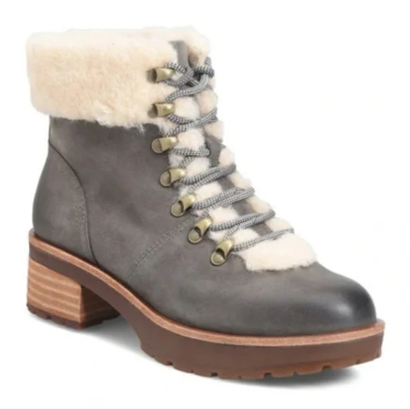 NWOT Kork-Ease Winslet Sherling Trim Leather Lace Up Bootie Block Heel - Picture 7 of 7